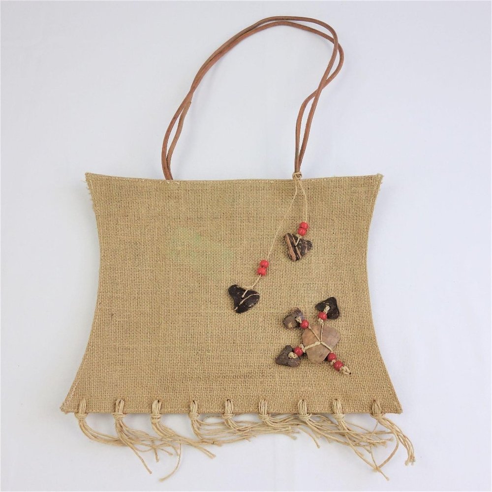 Small Burlap Tote Bag with Coconut Shell and‎ Beaded Accent Made in India